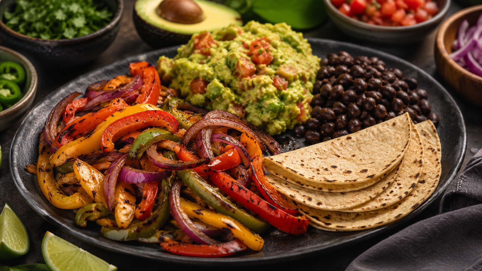 Deconstructed vegan fajita platter with fresh guacamole and grilled vegetables.