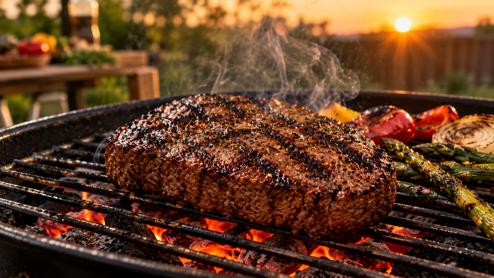 Grilling a thick plant-based club steak with visible grill marks on an outdoor barbecue over hot charcoal.