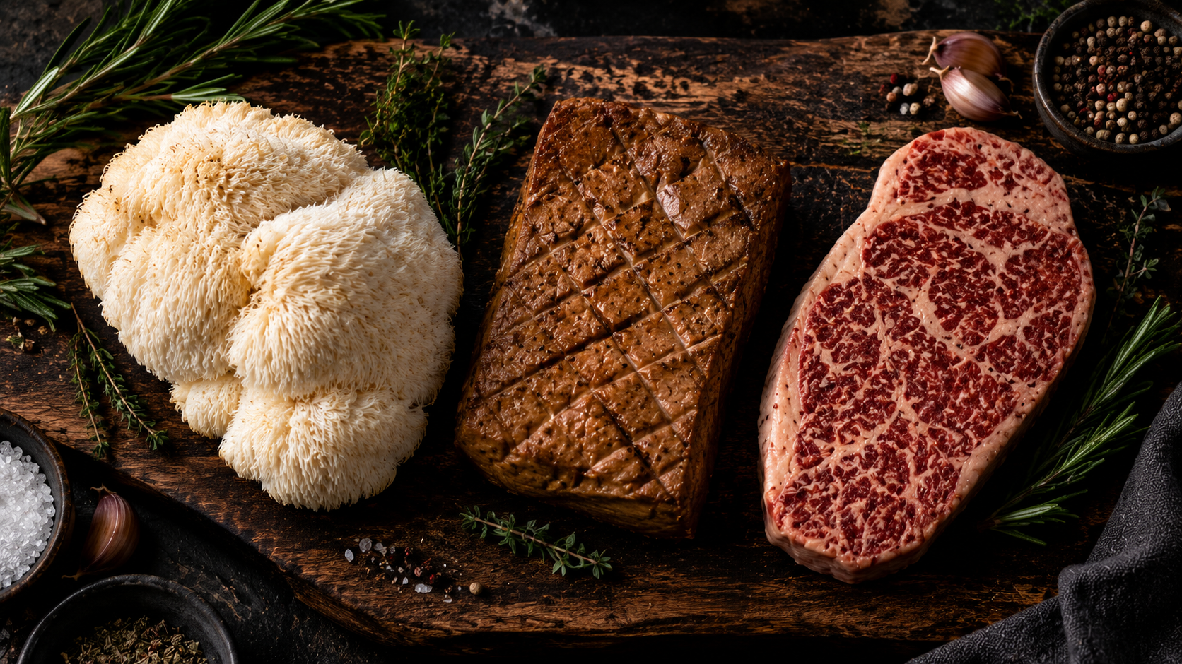 Raw Lion's mane mushroom, seitan, and commercial vegan steak on a wooden cutting board
