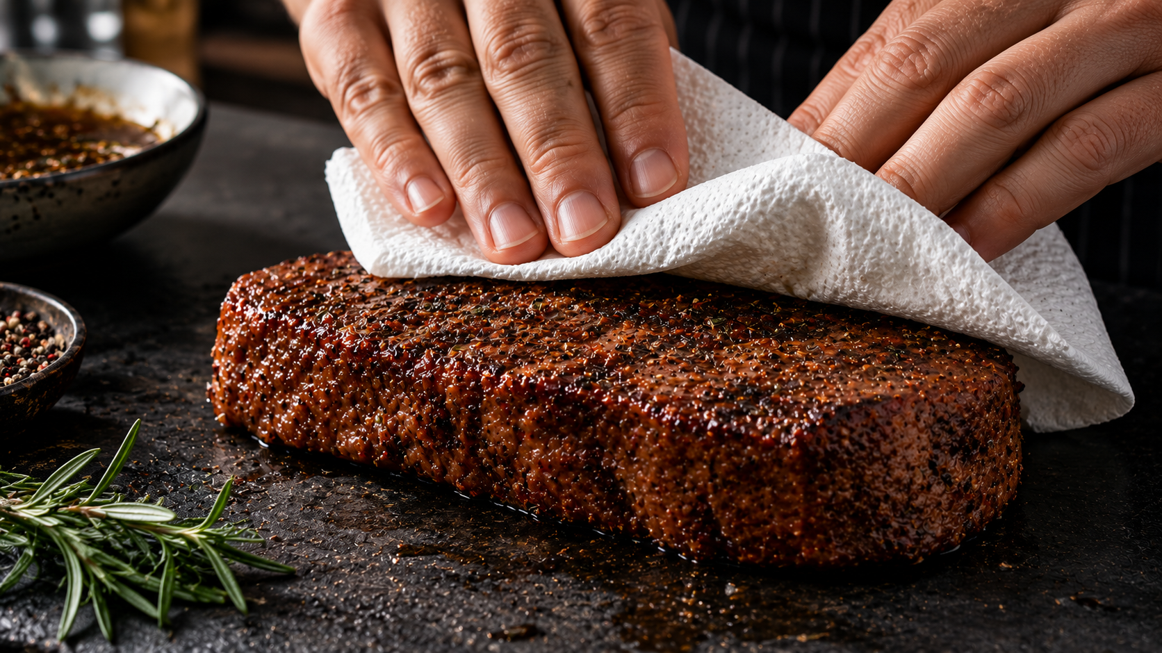 Drying a marinated plant-based steak with a paper towel to ensure a perfect cast-iron sear.