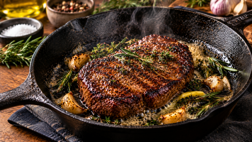 cooking steak in cast iron skillet