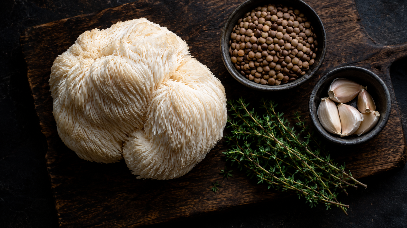Fresh Lion's Mane mushroom and raw brown lentils on a wooden cutting board prepared for a plant-based club steak.