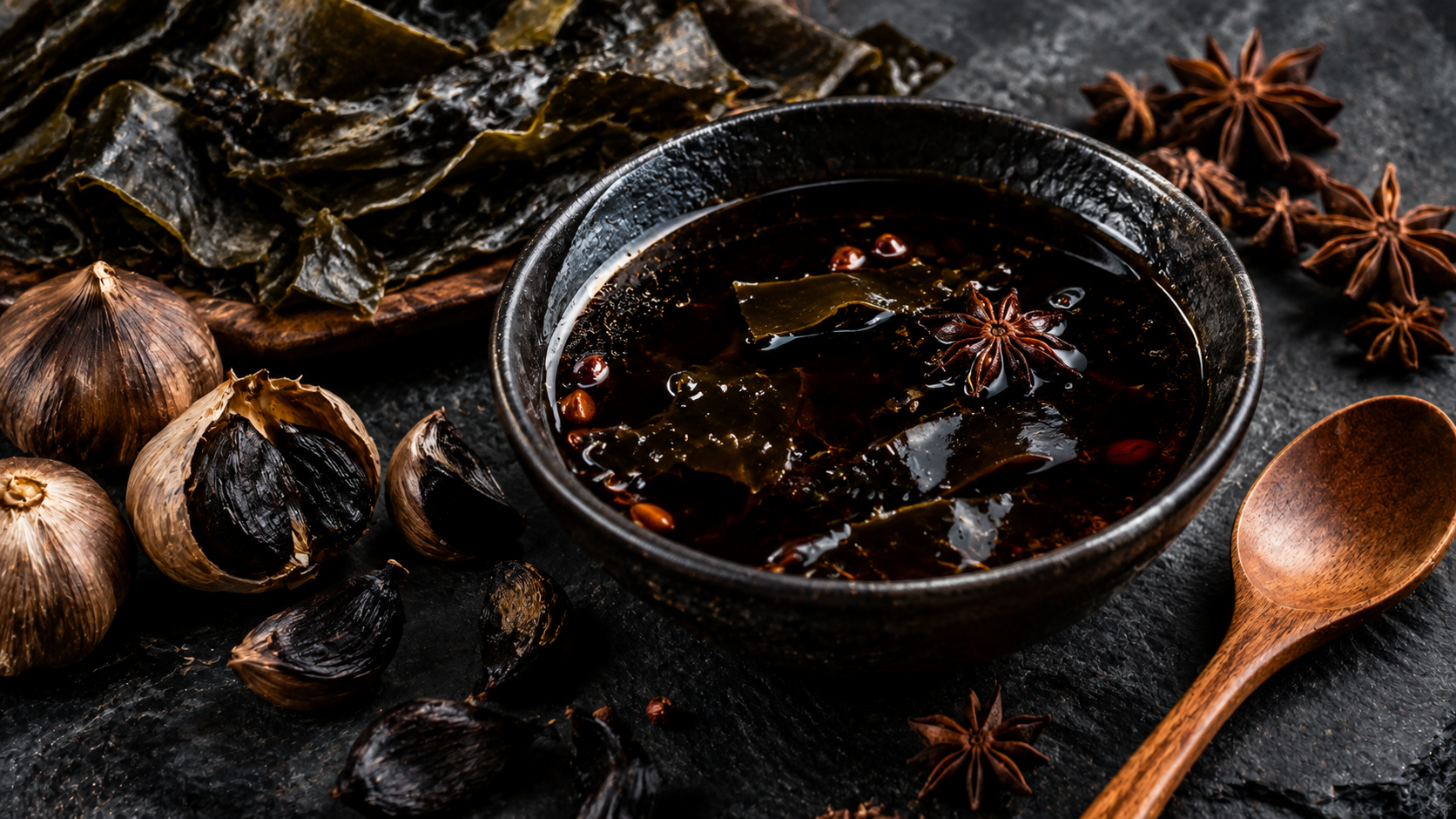 Dark umami marinade ingredients including black garlic and kelp for flavoring a vegan club steak.