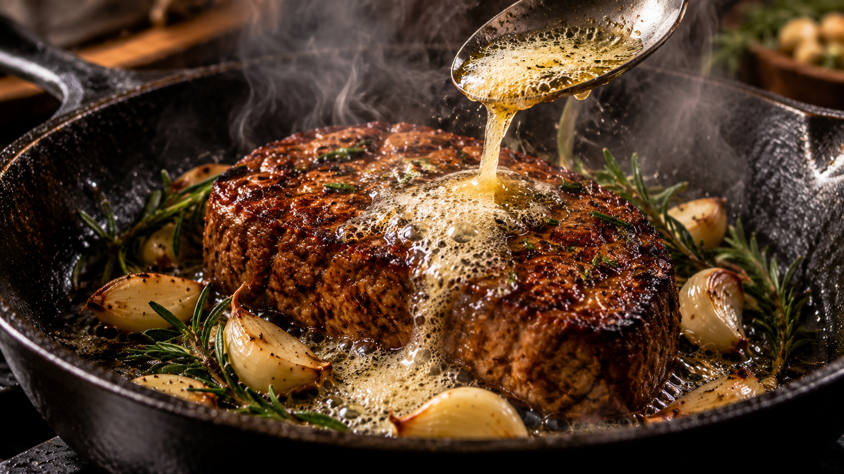 Basting a sizzling plant-based club steak with vegan butter and fresh rosemary in a hot cast-iron skillet.