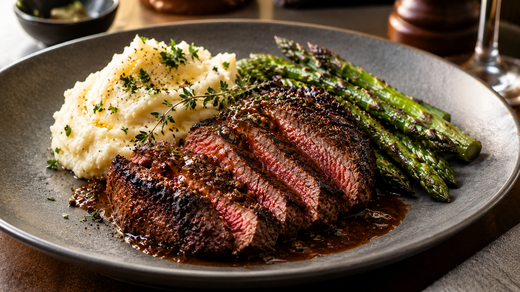 Beautifully plated, sliced plant-based club steak served with creamy garlic mashed potatoes and charred asparagus.