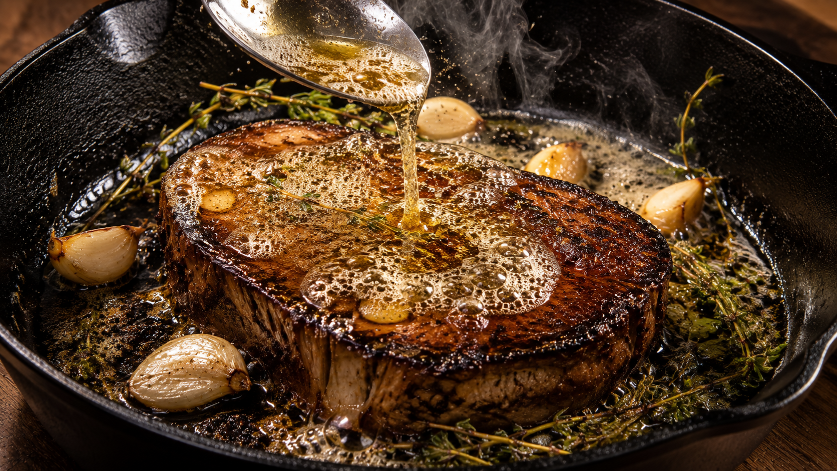 Basting a plant-based steak in a hot cast-iron pan with vegan butter, garlic, and fresh thyme.