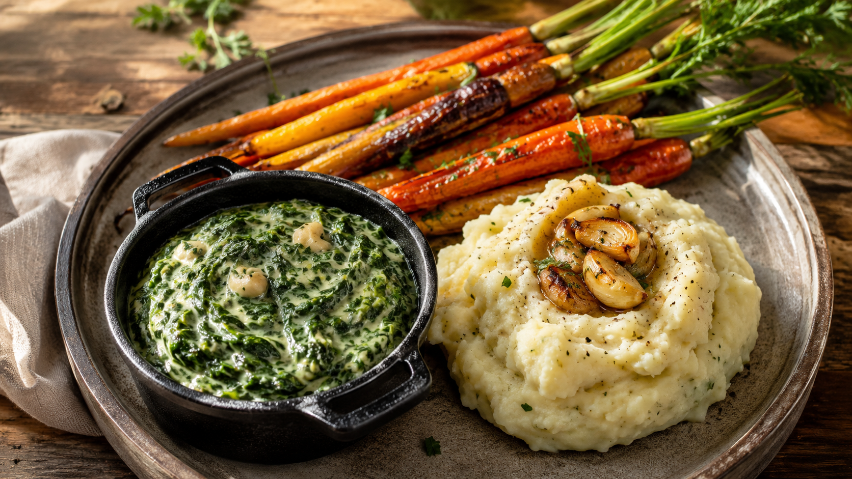 A spread of healthy vegan steakhouse sides including dairy-free creamed spinach, garlic mashed potatoes, and roasted carrots.