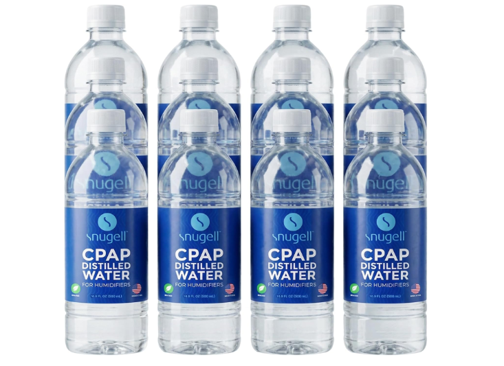 Snugell Distilled Water for CPAP Machines - Travel Size Bottles, Clean Multi-Use Hydration - Made in USA - Up to 30 Days Supply - 16.9 Fl Oz (Pack of 12)