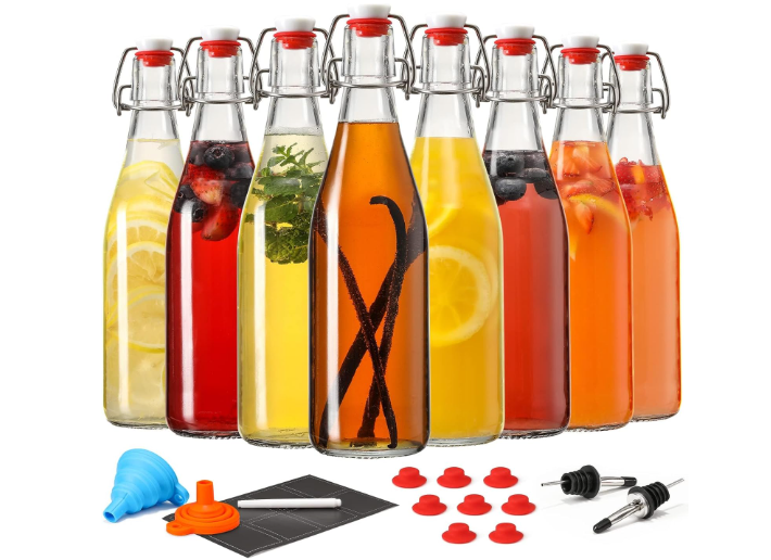 8 Pack 16OZ Swing Top Glass Bottles, Flip Top Brewing Fermentation Bottles | With 2 Pourers, Airtight for Beverages Vanilla Extract, Kombucha, Mead, Kefir,...