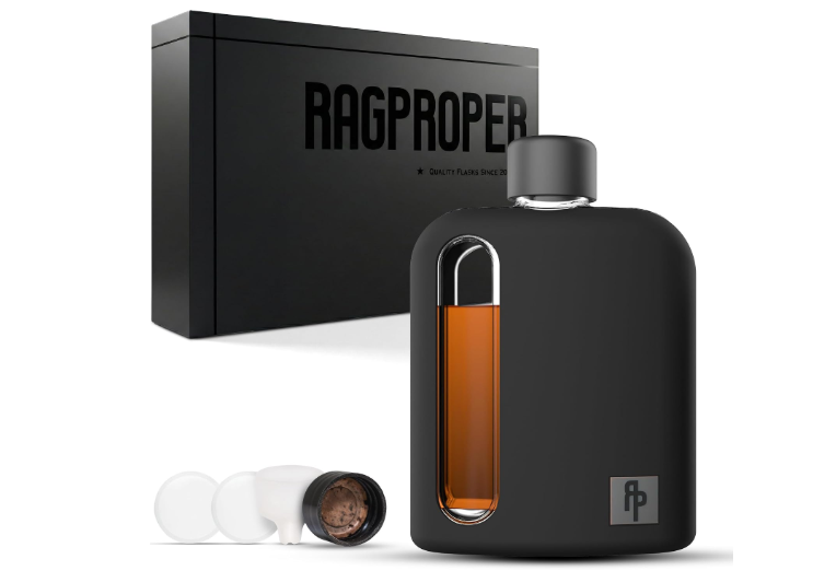 Ragproper Glass Hip Flask for Men – Modern Whiskey & Liquor Flask with Cork & Silicone Lid Liners, Durable Silicone Covered Double Shot Flask Bottle...