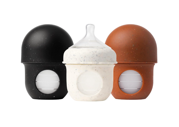 Boon Nursh Reusable Silicone Baby Bottles with Pouch - Stage 1 Slow Flow - 4 Oz - 3 Count + Extra Slow Silicone Nipples 3 Pack