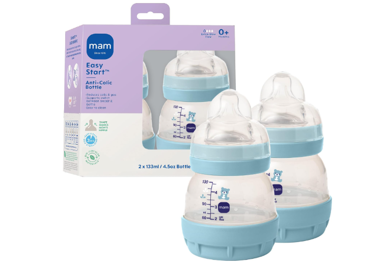 MAM 4.5oz Easy Start Anti-Colic+ Vented Baby Bottle, 0+ Months, 2 Pack, Boy | Extra Slow Flow Breastfeeding-Like Silicone Nipple,Dual Anti-Colic Bottle... 