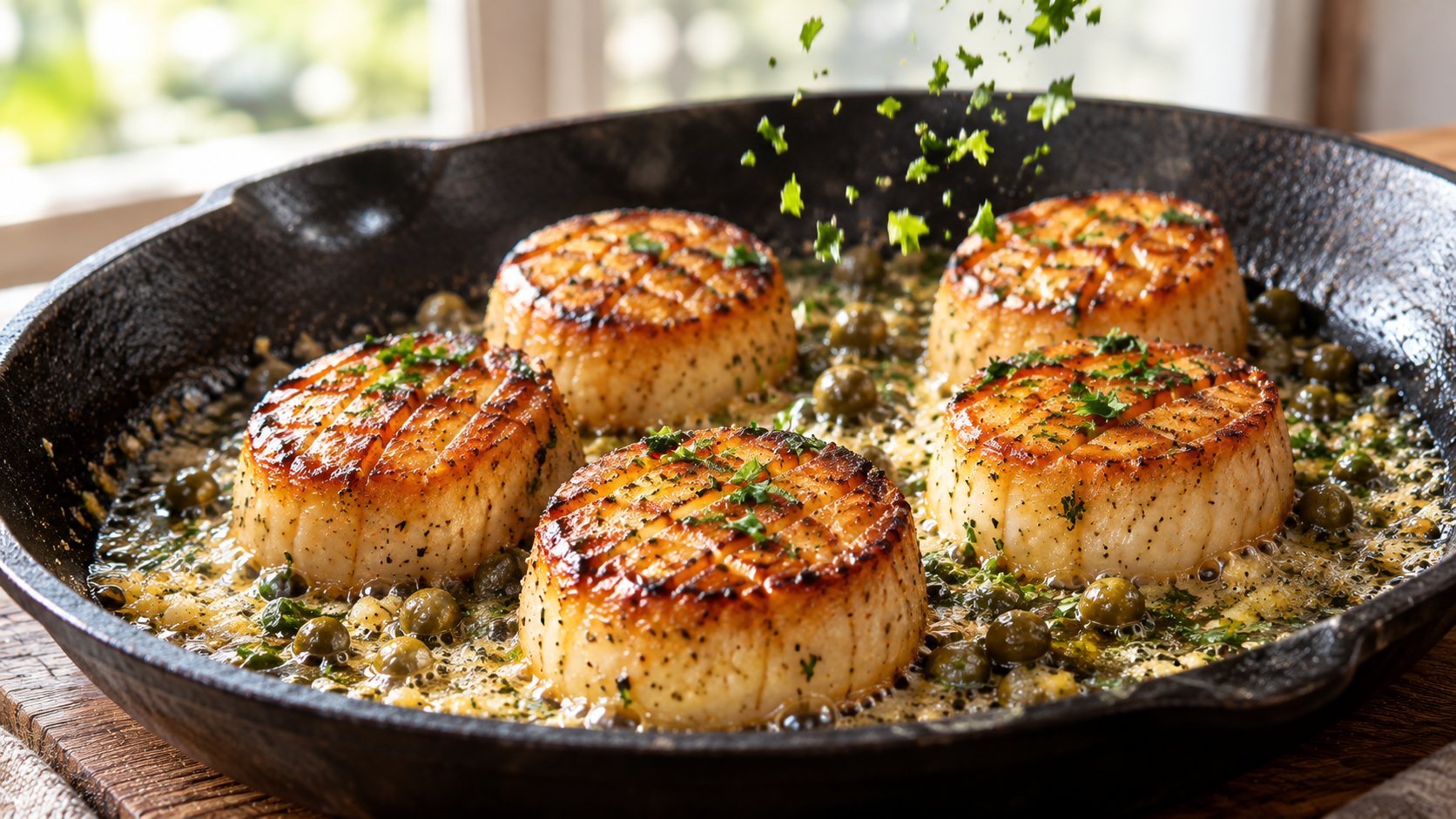 Close-up photograph of seared King Oyster mushroom scallops sizzling in garlic-herb butter on a cast-iron skillet, highlighting the cross-hatch scoring pattern.