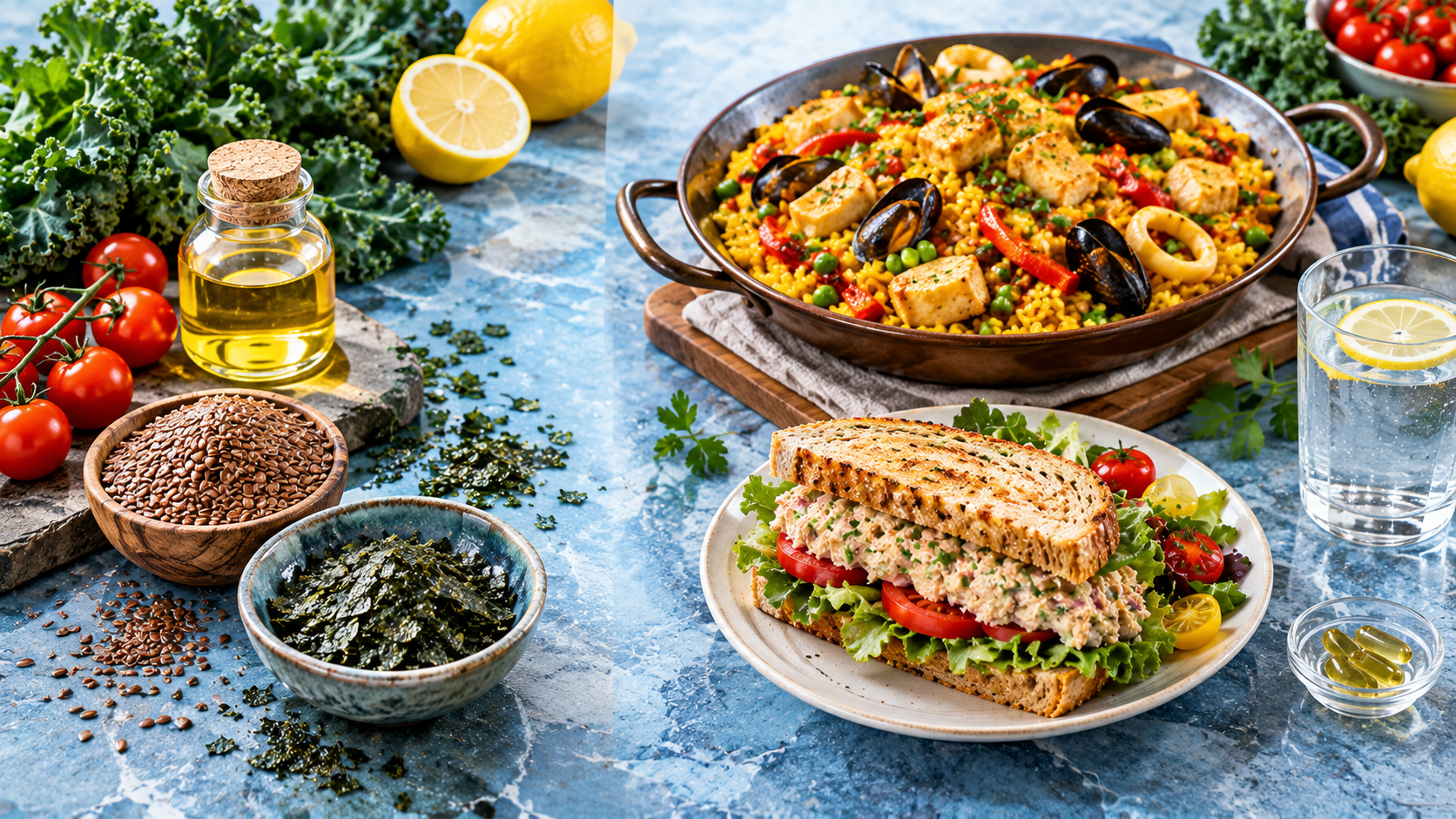 A vibrant photograph showcasing plant-based seafood sources of Omega-3s and minerals, featuring Dulse, microalgae oil, a nutrient-dense Paella, and a Chickpea Tuna Salad melt.
