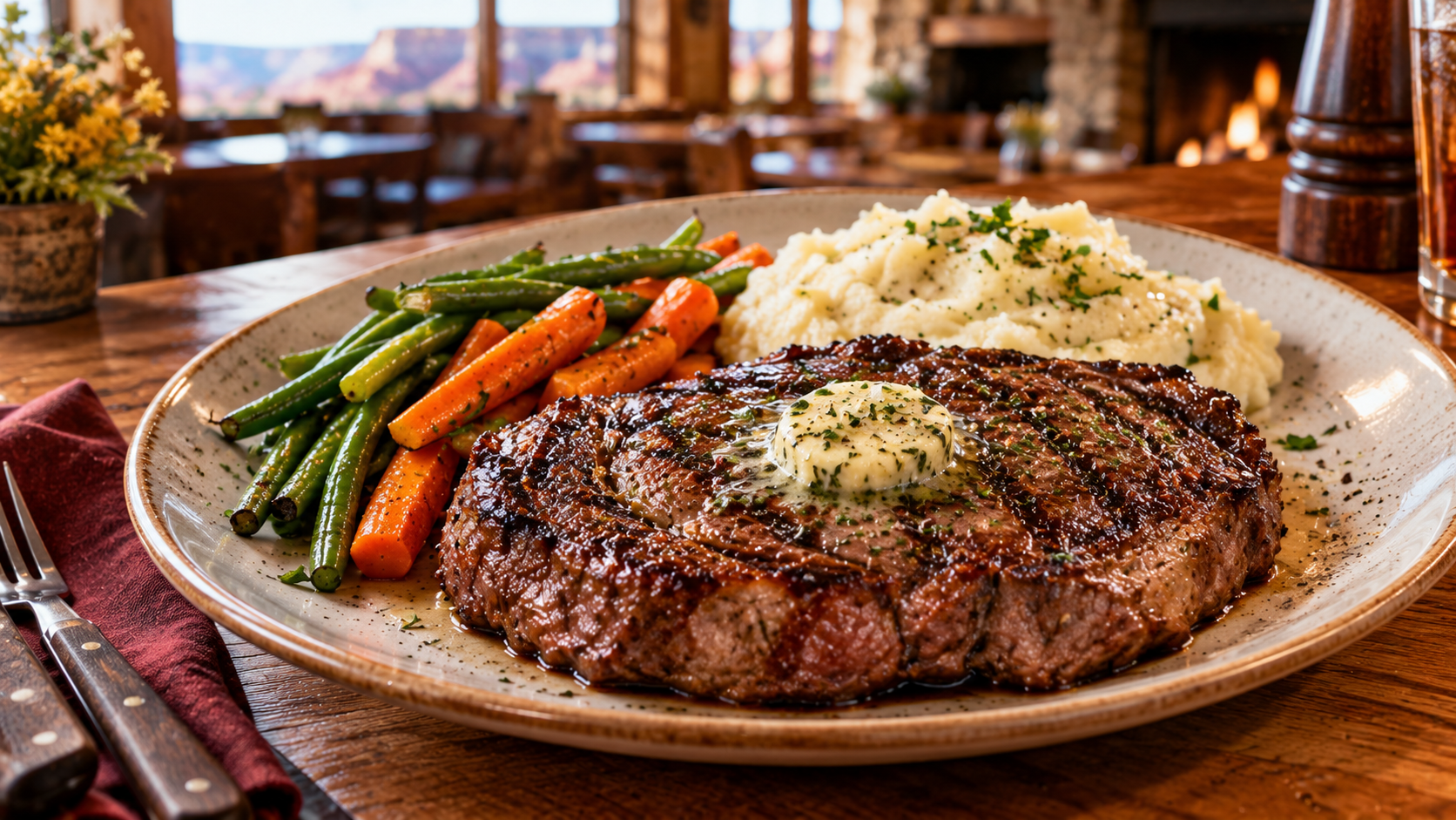 Grilled steak with mashed potatoes and roasted vegetables at a Western-style restaurant