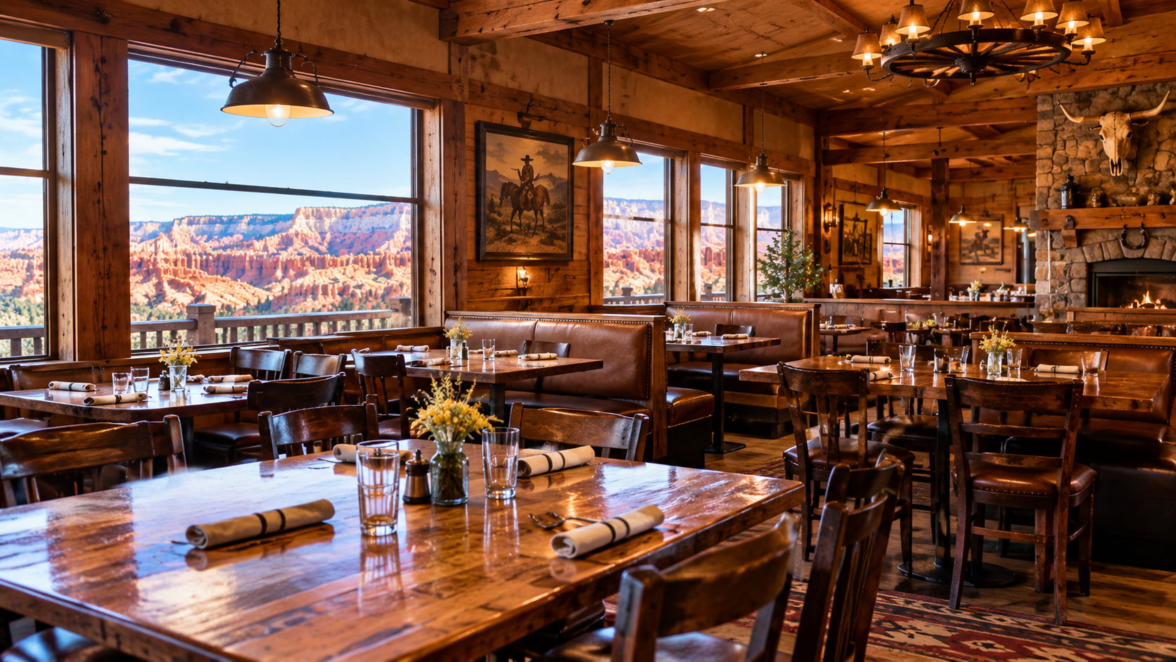 Rustic Western-style steakhouse interior with wooden tables and warm lighting