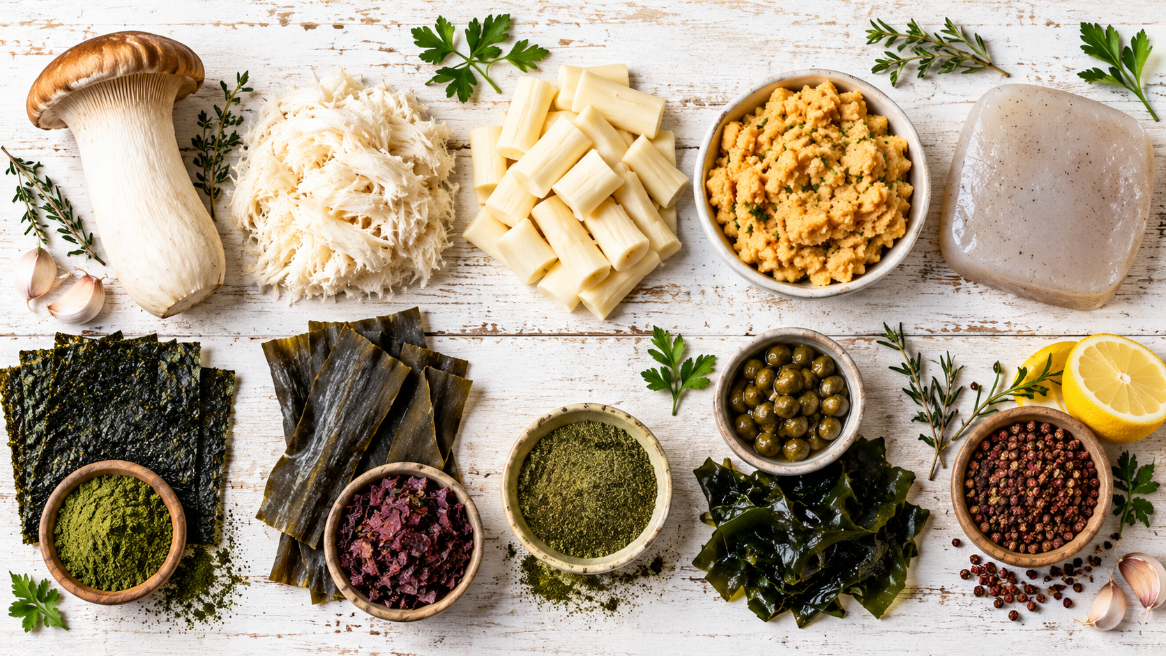 A raw plant-based seafood flavor matrix, showcasing King Oyster, Lion's Mane, and Hearts of Palm paired with sea vegetables like Nori and Kombu.